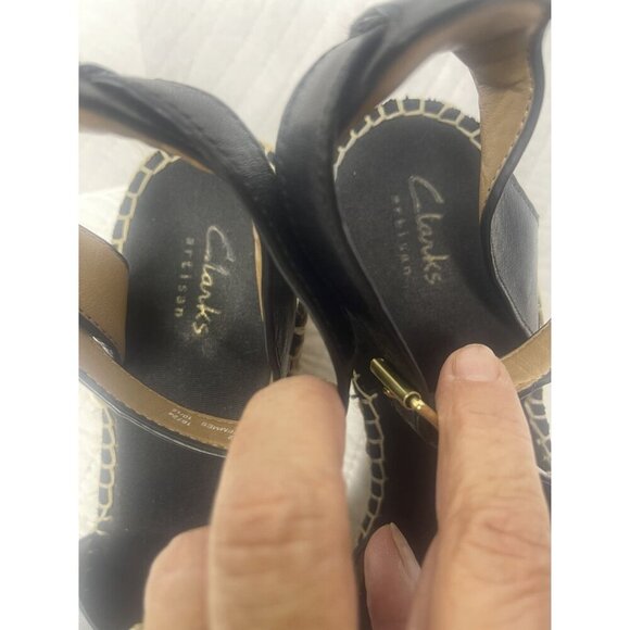 Clarks Black Leather Petrina Selma Ankle Strap Wedge Open Toe Sandal 8M - Picture 9 of 10